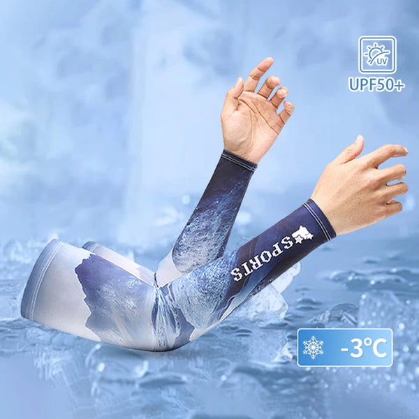 A person wearing blue UV protection cooling arm sleeves is shown against a cold, icy background.