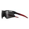 A black sports sunglasses with red accents shown in a profile view.