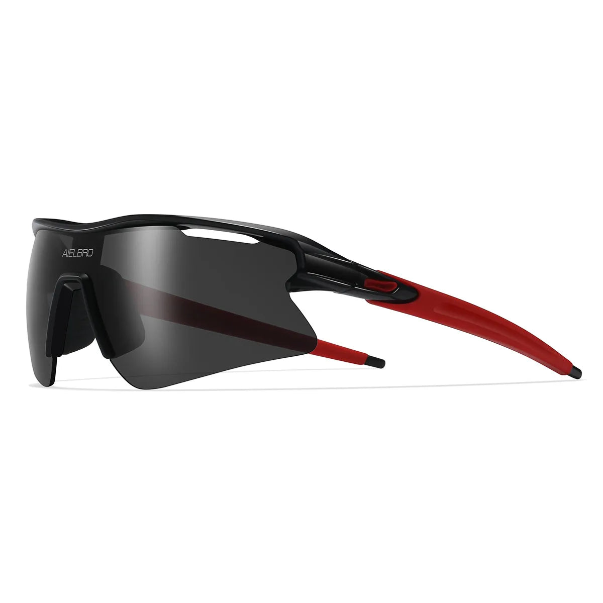 A black sports sunglasses with red accents shown in a profile view.