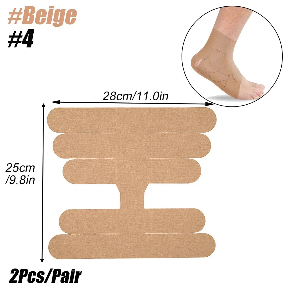 Beige kinesiology support tape shown as stacked strips and a foot application