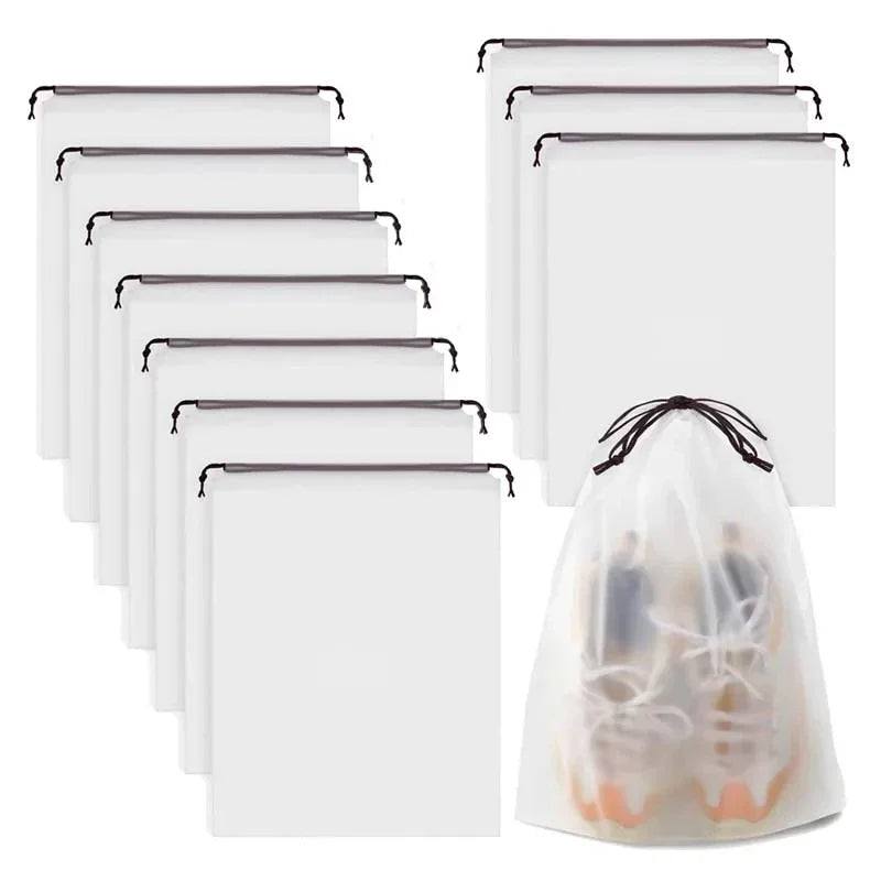 A pack of five reusable drawstring storage bags in a light, translucent color.