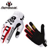 A pair of white and black FastGoose cycling gloves with skull graphics shown in a product photo.