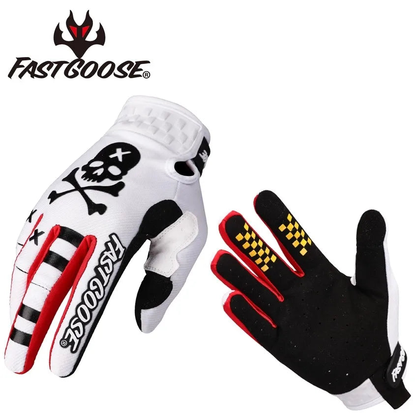 A pair of white and black FastGoose cycling gloves with skull graphics shown in a product photo.