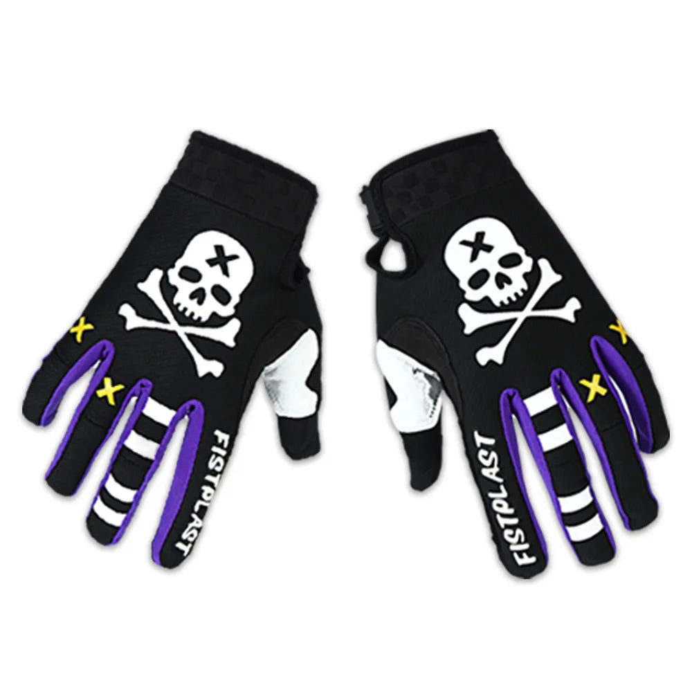 Black full finger motocross gloves with white skull and crossbones designs and purple accents