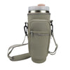 A beige adjustable water bottle carrier bag with a padded phone pocket and straps.