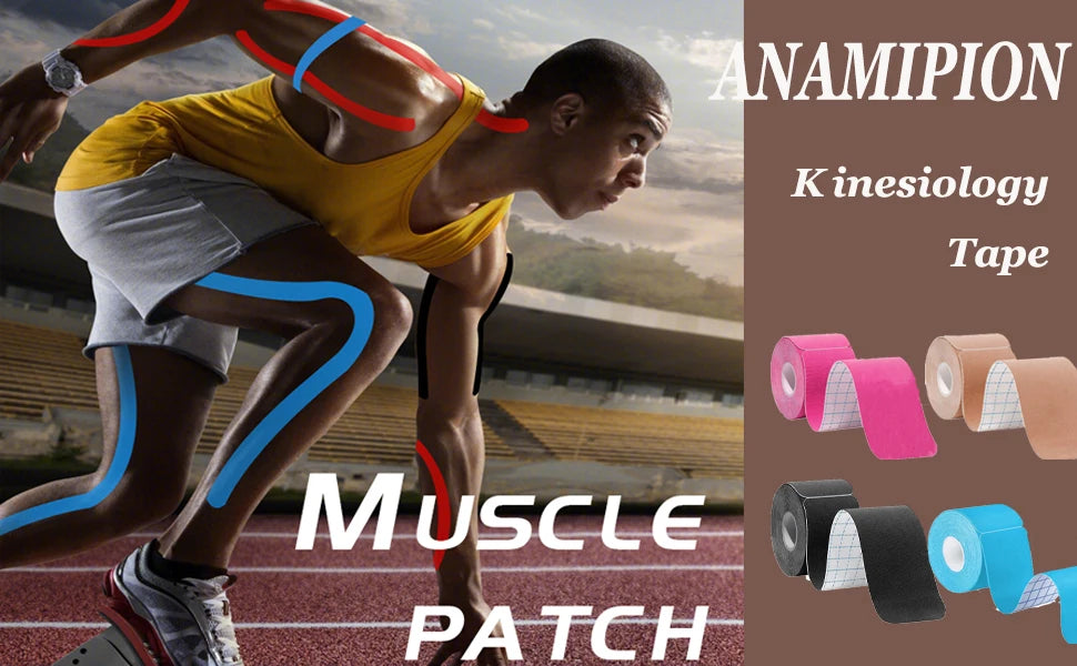 Anamipion Kinesiology Tape and Muscle Patch products shown on a runner during exercise.