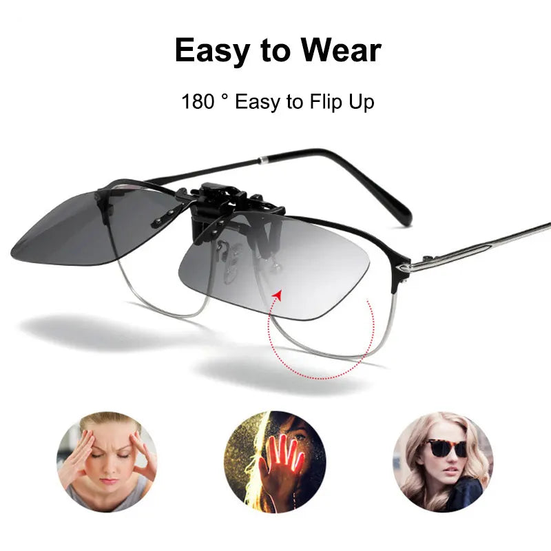 A pair of black polarized driving sunglasses shown in various views and usage examples.