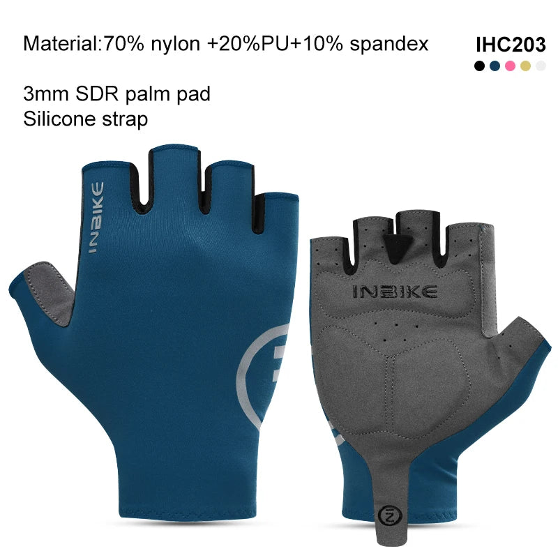 A pair of blue and gray Inbike half-finger cycling gloves with silicone straps shown from the palm side.