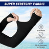 Black super stretchy fabric arm sleeves demonstrating stretch and compression on an arm.