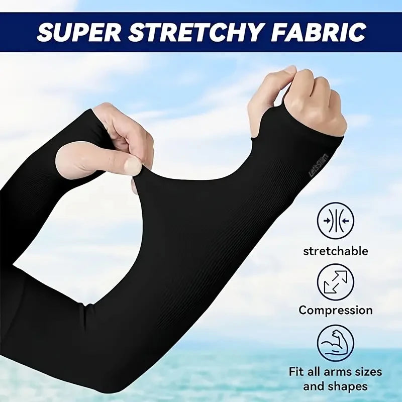 Black super stretchy fabric arm sleeves demonstrating stretch and compression on an arm.