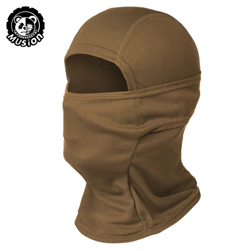 A brown breathable mesh balaclava face mask shown in a close-up view.