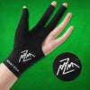 Black breathable billiard playing gloves worn on a hand, with a circular logo nearby.