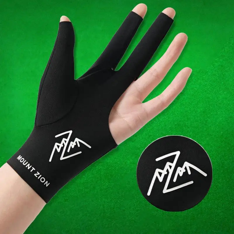 Black breathable billiard playing gloves worn on a hand, with a circular logo nearby.