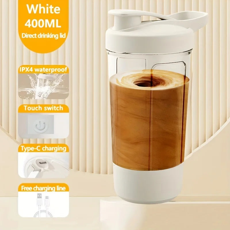 White 400ml direct drinking lid shaker bottle with wood-toned liquid inside and charging port visible