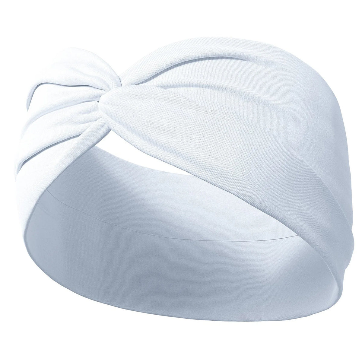 White fabric yoga headband tied in a bow, shown on a wrist.