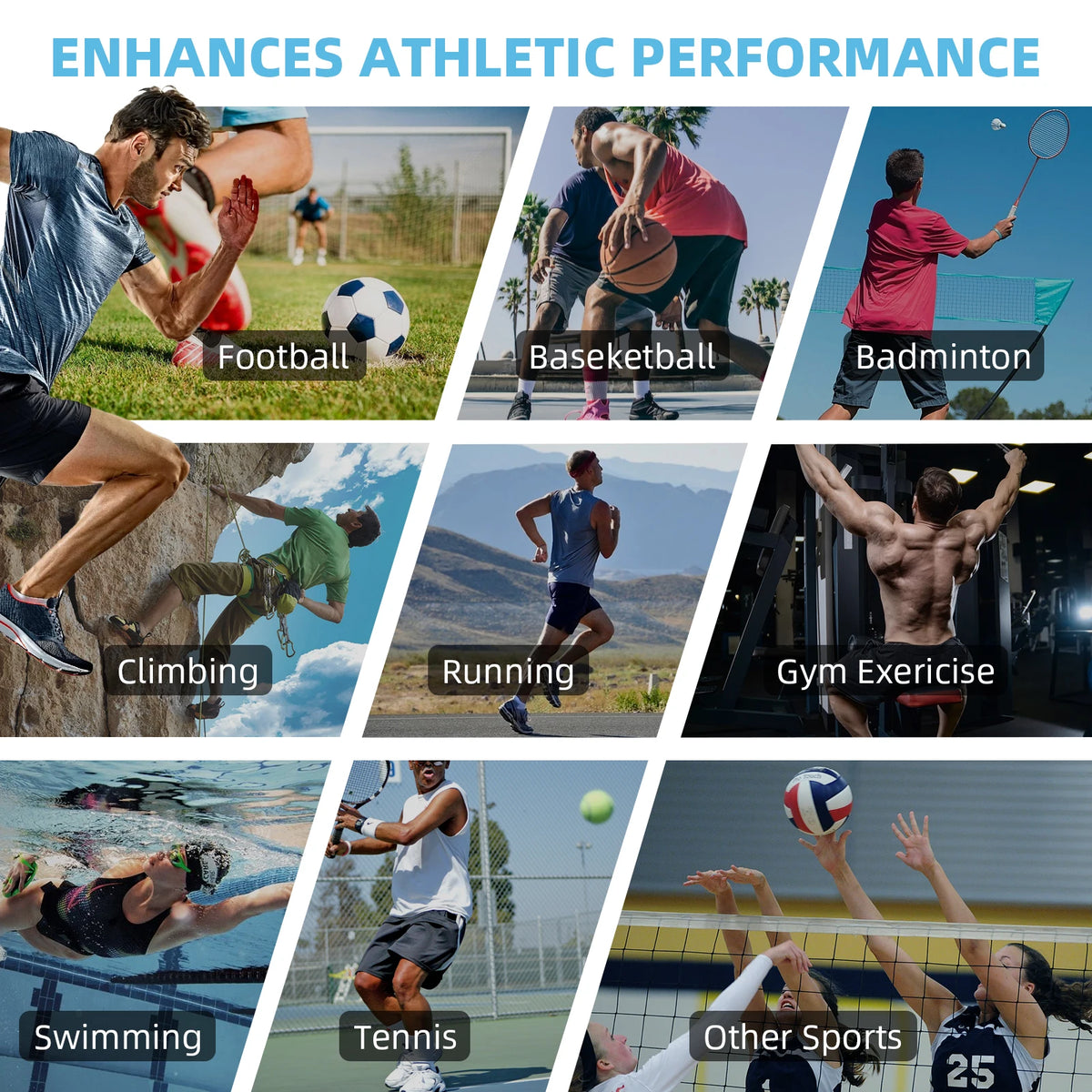 A collage showing various athletic activities like football, basketball, badminton, climbing, running, gym exercise, swimming