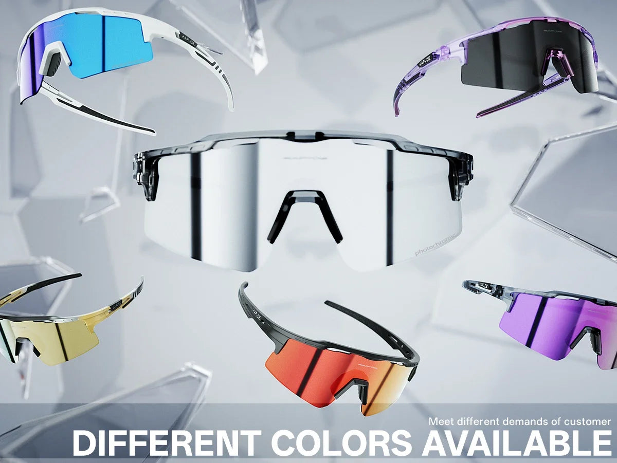 A collection of photochromic cycling sunglasses in various colors and styles displayed against a light gray background.