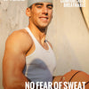 A muscular man wearing a grey Wrels sweatband and a white tank top, posing outdoors.