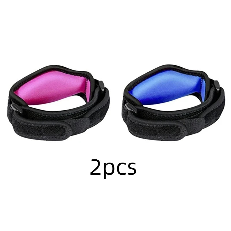 Two tennis elbow support braces, one pink and one blue, shown against a white background.