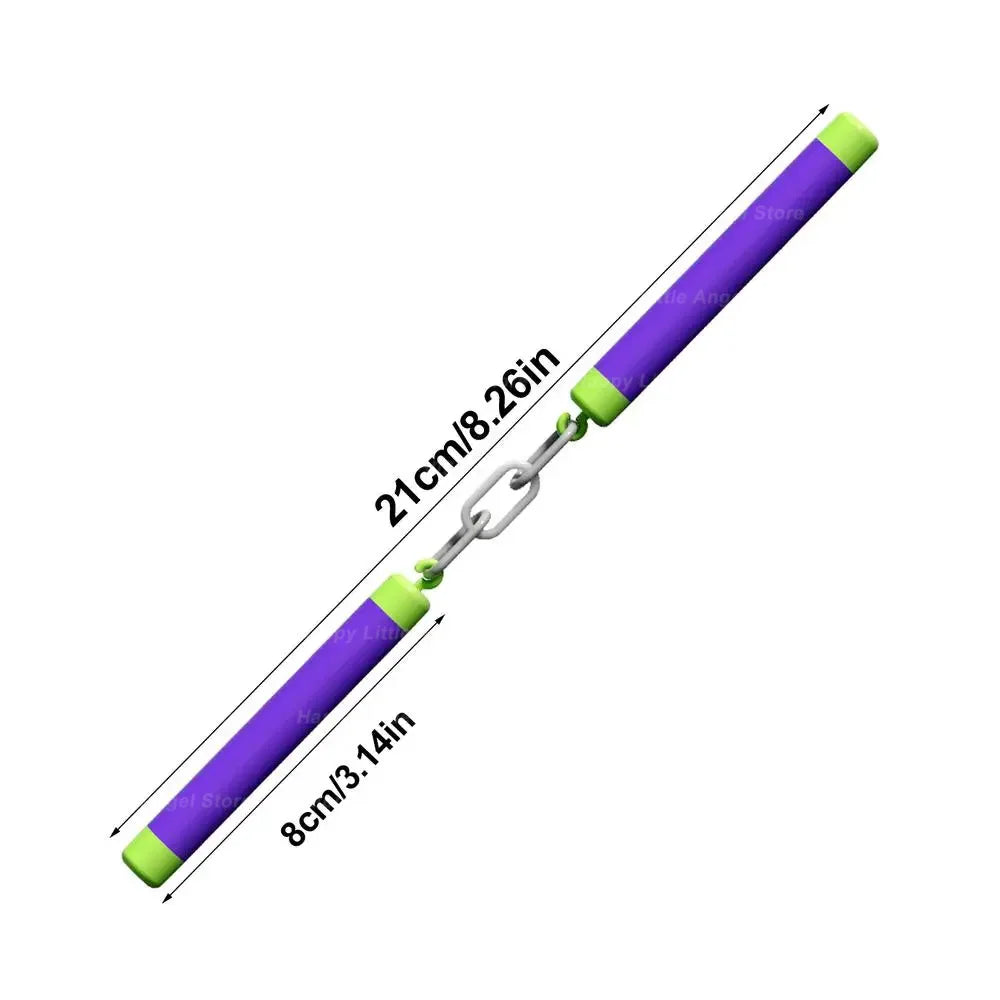 A purple and lime green fidget stress relief toy with a metal chain connector.