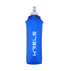 A blue silicone water bottle with a silver cap standing upright.