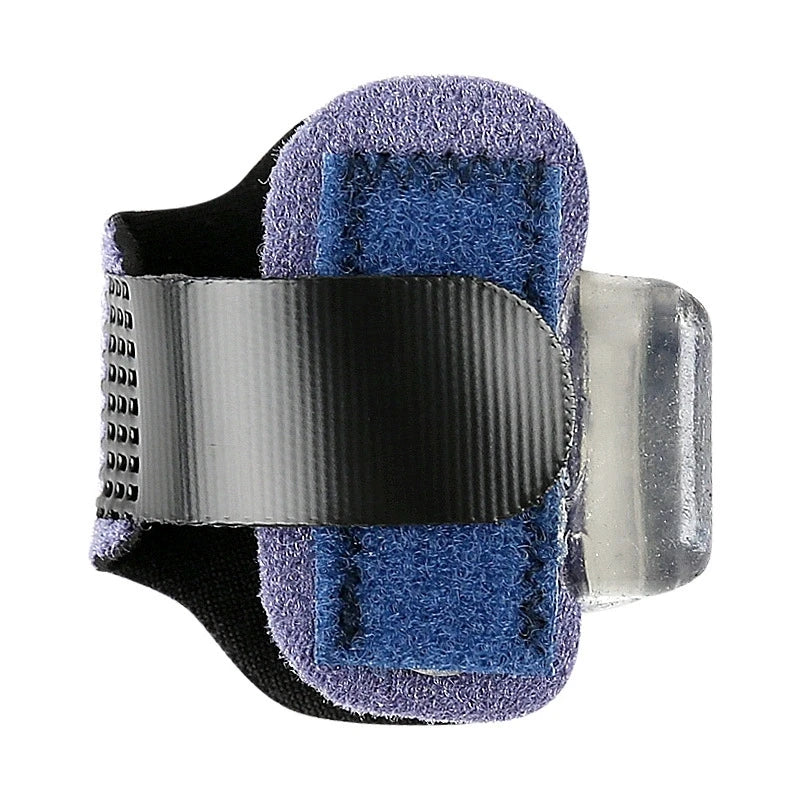 A black adjustable toe splint with blue and purple fabric padding and a silver metal brace.