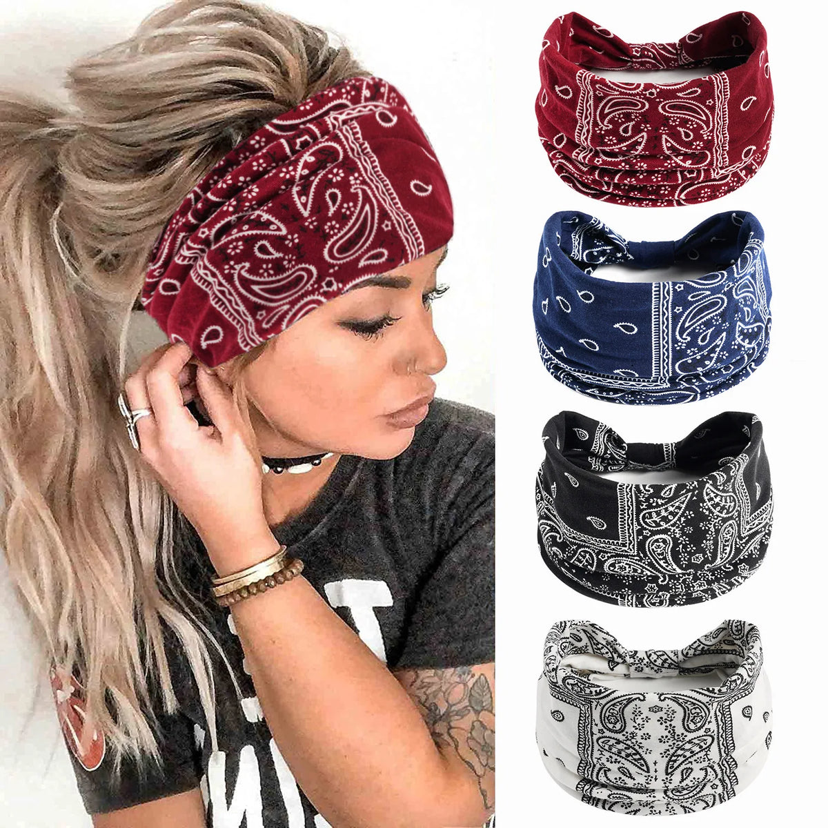 A woman models several bohemian cotton stretch headbands in red, blue, black, and white patterns.