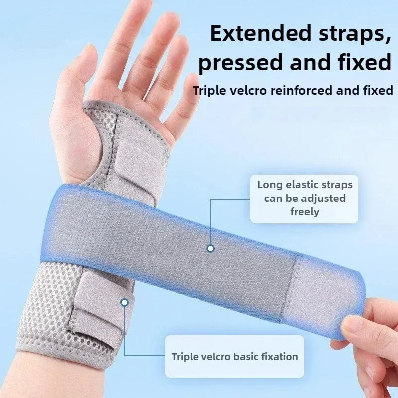 A hand wearing a gray wrist brace with blue elastic straps, showing triple velcro reinforcement and adjustment features.