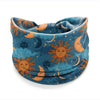 A bohemian stretch cotton headband featuring a celestial design with orange and blue tones of the sun and moon.