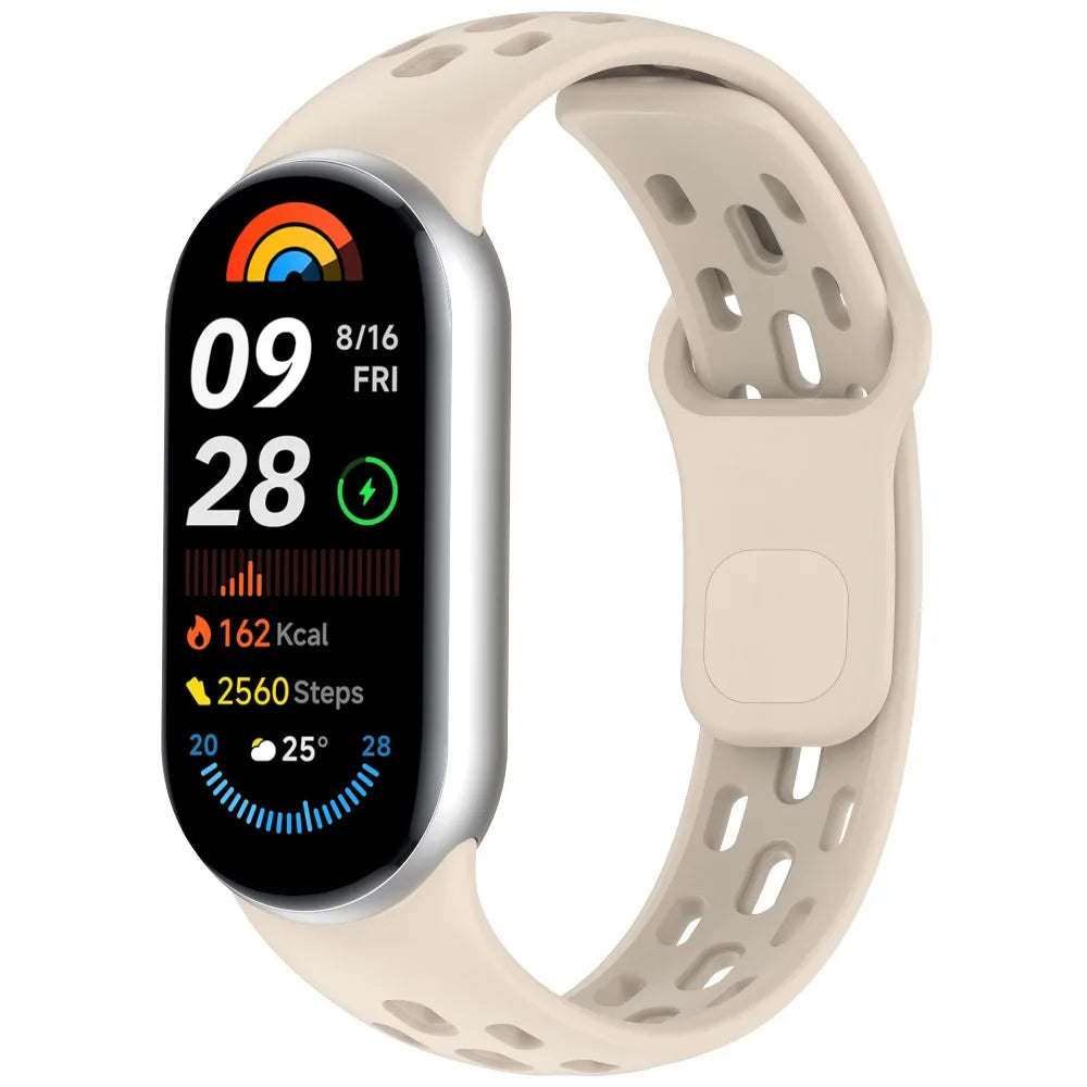 A beige silicone smart watch band replacement with a silver casing and a digital display showing time, date, and steps.