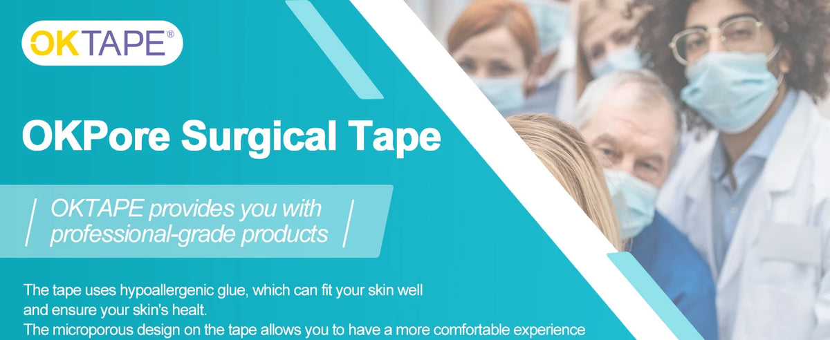 Packaging and application of OKPore Surgical Tape on a person's skin.