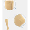 Close-up view of beige high elasticity compression socks showing the zippered ankle opening and texture.
