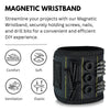 A black magnetic wristband designed to securely hold screws, nails, and drill bits for DIY projects.