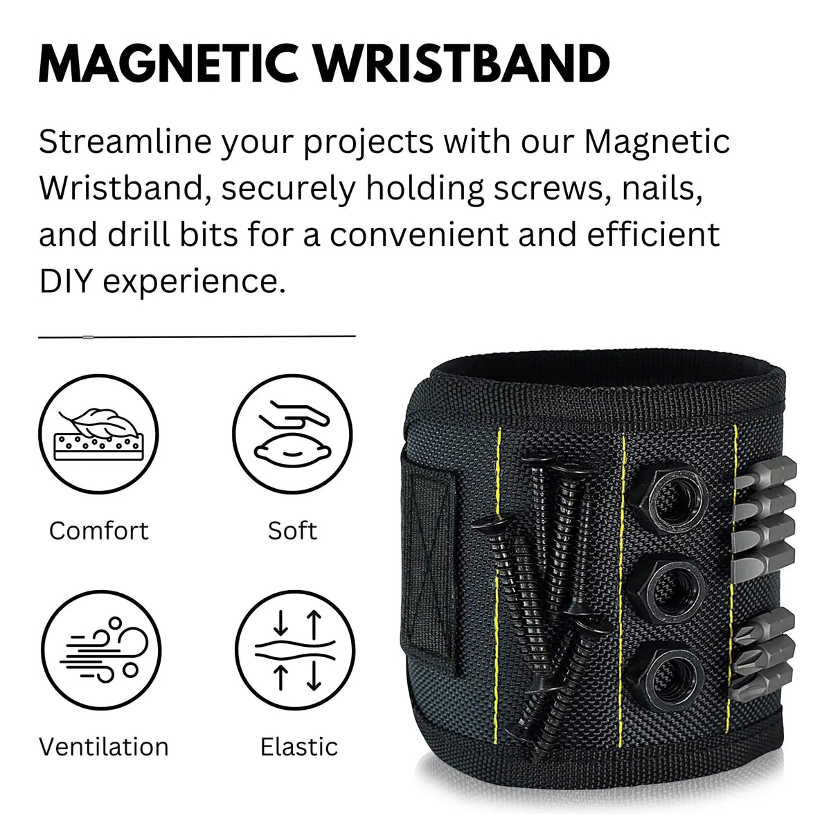 A black magnetic wristband designed to securely hold screws, nails, and drill bits for DIY projects.
