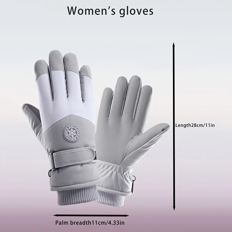 A pair of light gray insulated touchscreen windproof winter gloves shown flat with a length measurement.