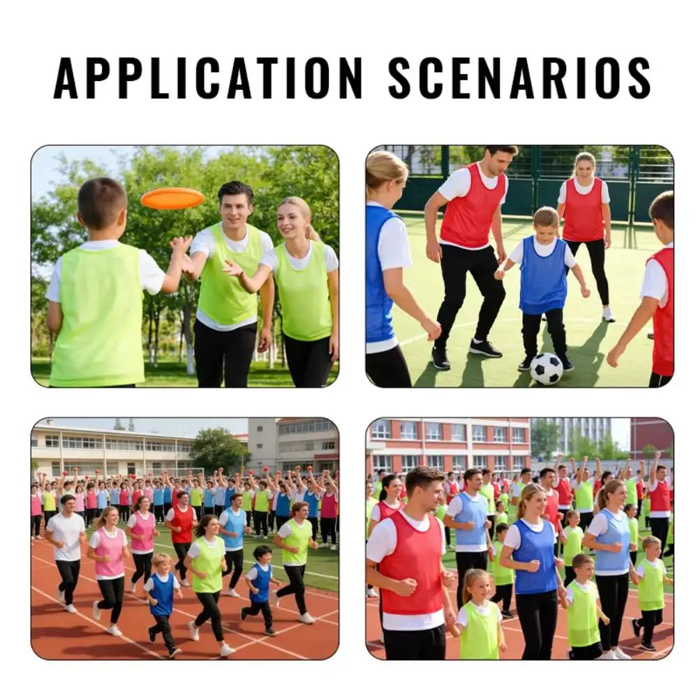 Application scenarios showing people wearing green and red soccer training vests during drills