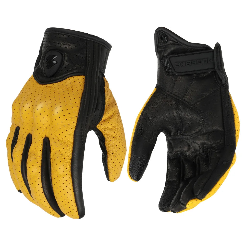 A pair of black and yellow full finger leather motorcycle riding gloves shown side by side.