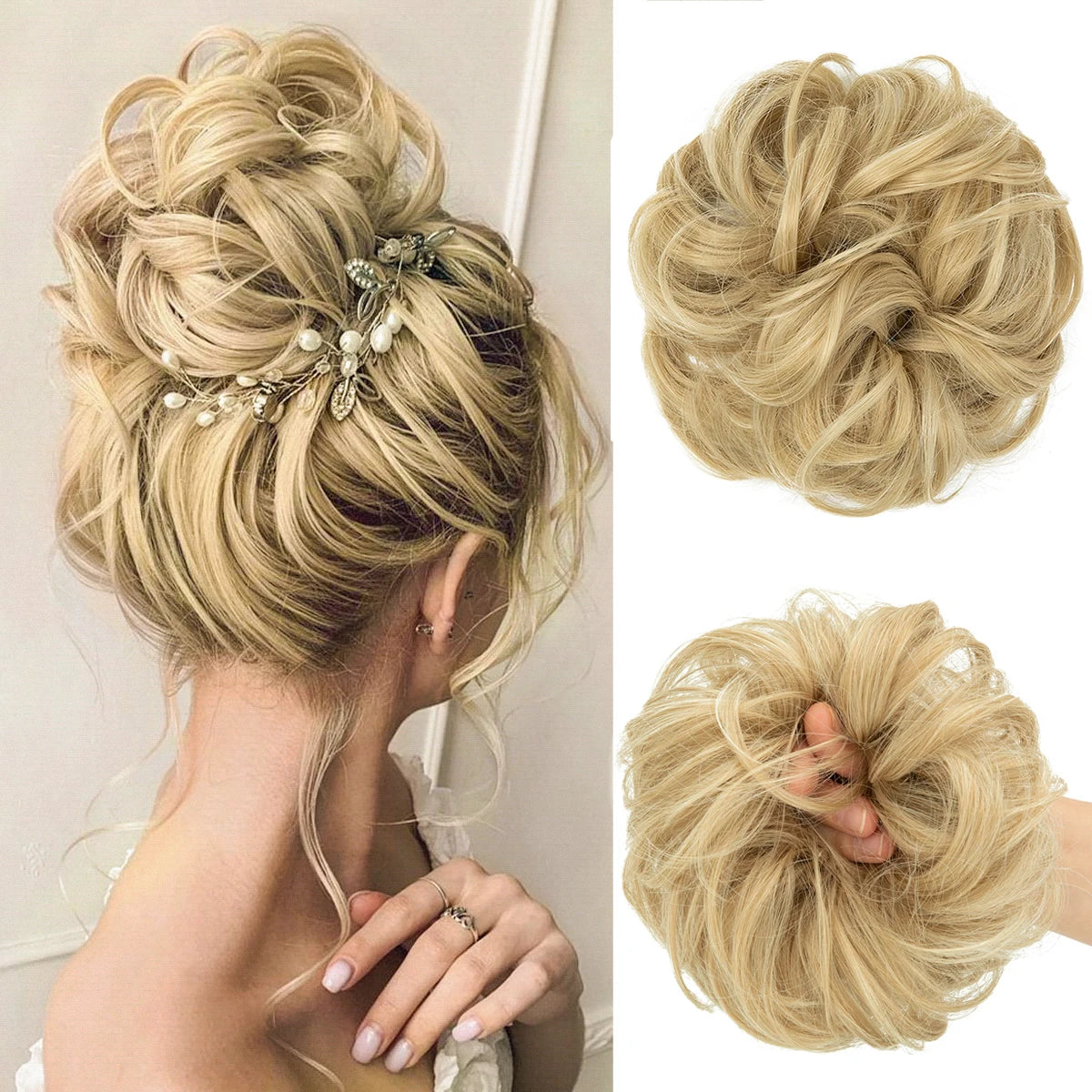 Close-up of blonde hair bun extensions styled in a messy curly updo