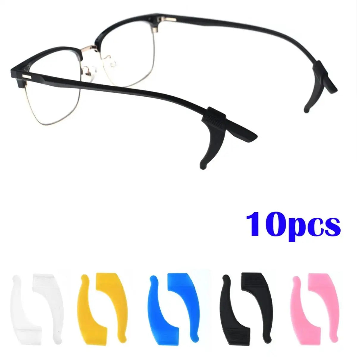 Un jeu de dix grips en silicone antidérapants pour lunettes, de différentes couleurs et formes.