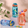 A collection of dinosaur silicone straw water bottles in various colors and designs displayed on a white surface.