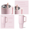 A pink insulated stainless steel water bottle with a handle and circular flip straw shown from multiple angles.
