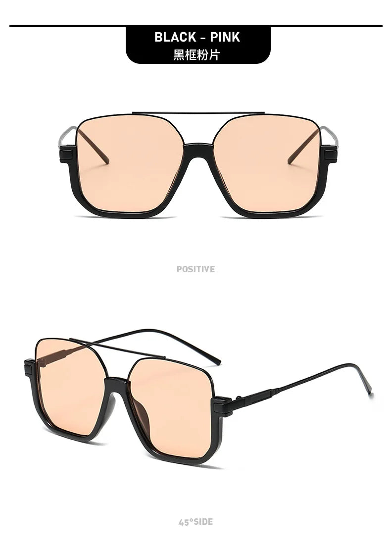 Black and pink double beam sunglasses shown in a positive view and a 45-degree side angle.