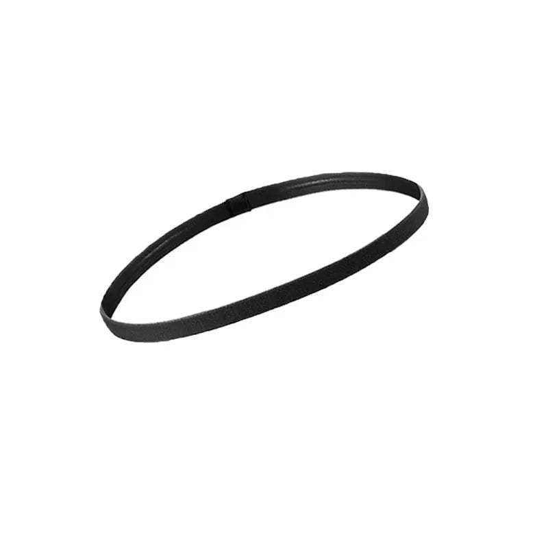 A black elastic sports headband is shown lying flat.