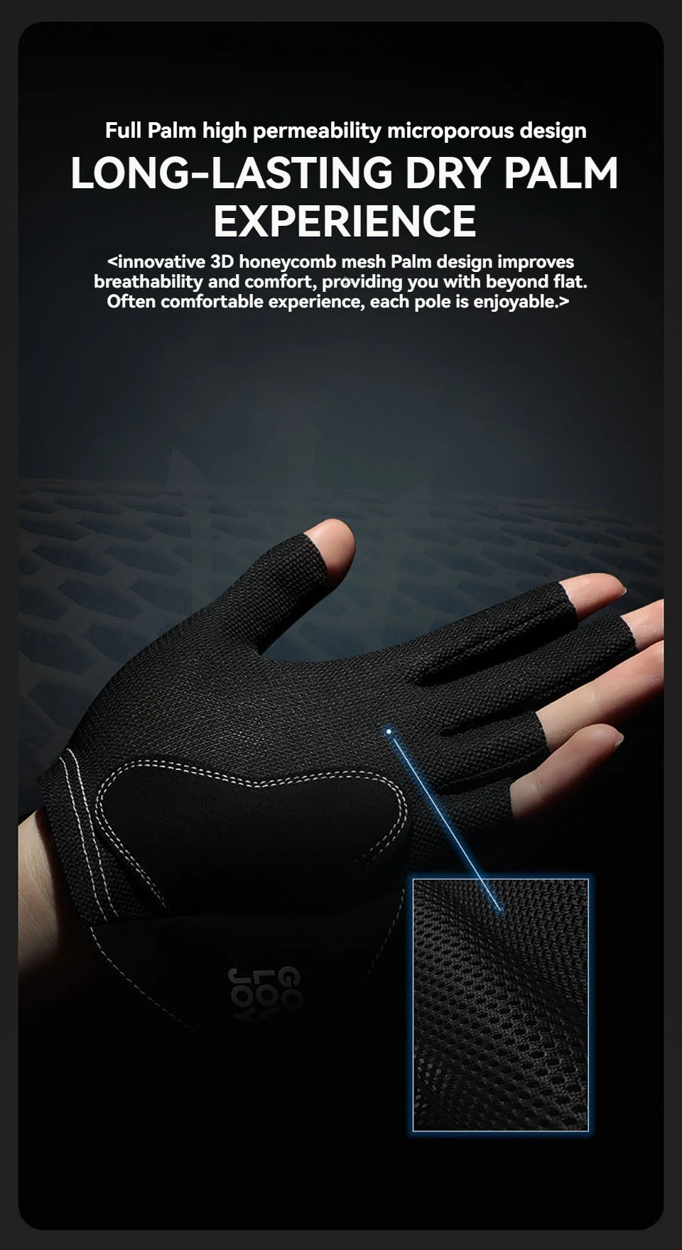 A close-up of a black 3-finger pool glove being worn on a hand, showing the mesh texture.