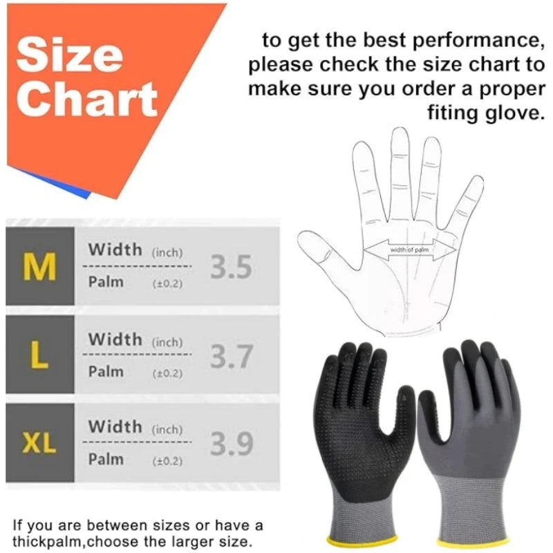 Size chart showing measurements for M, L, and XL sizes of durable nitrile coated safety work gloves.