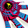 Close-up of high-performance goalkeeper gloves featuring a vibrant pink and black striped design with blue accents.