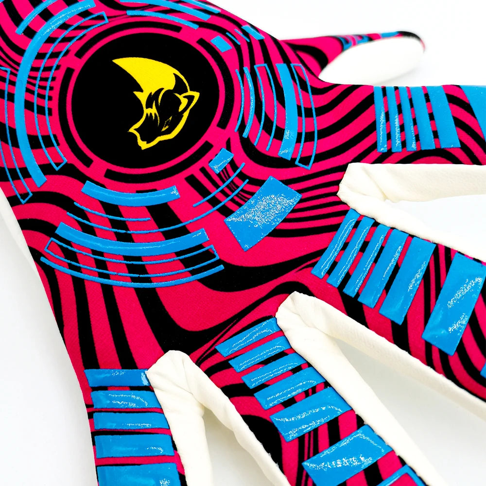 Close-up of high-performance goalkeeper gloves featuring a vibrant pink and black striped design with blue accents.