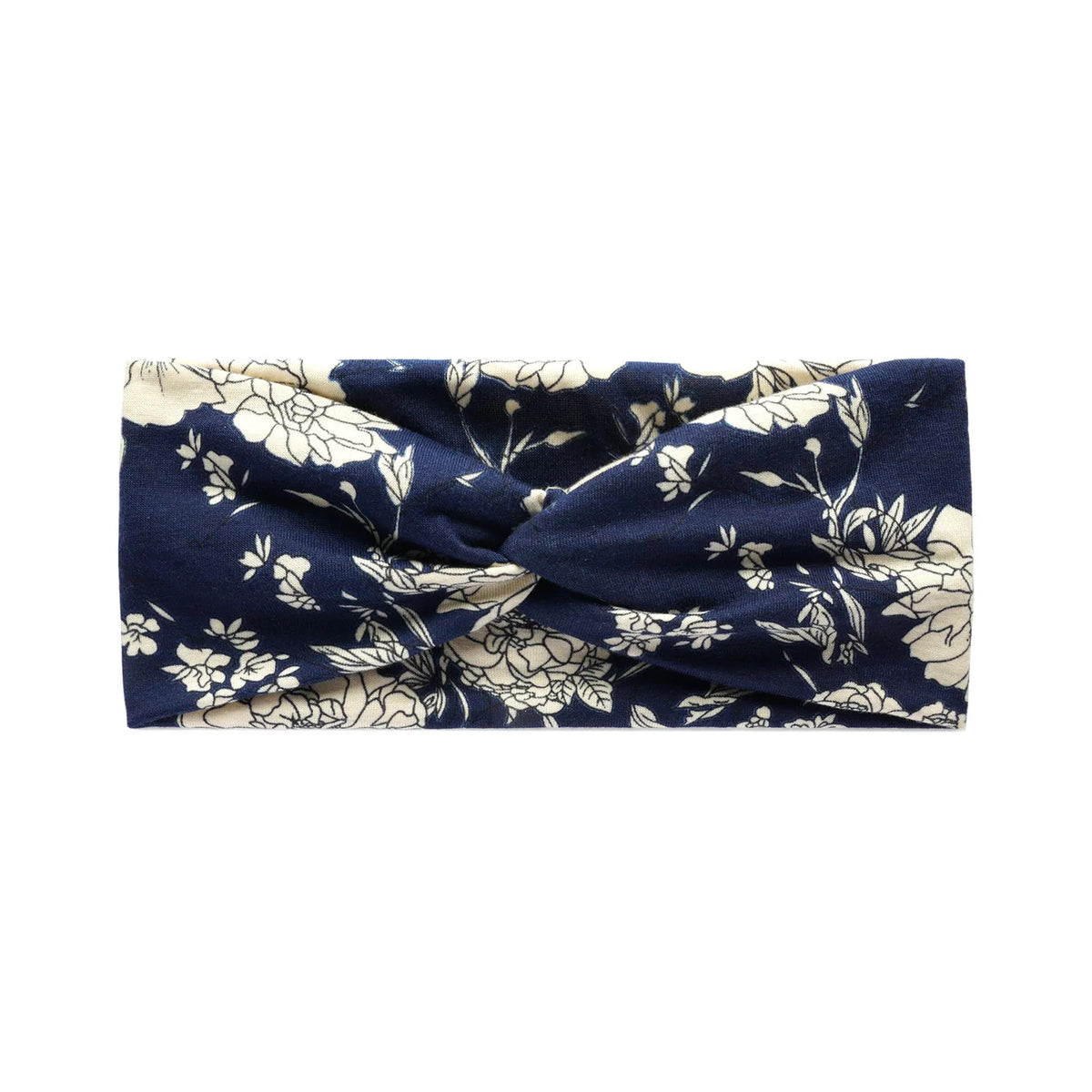 Navy blue fabric headband with a white floral vintage print