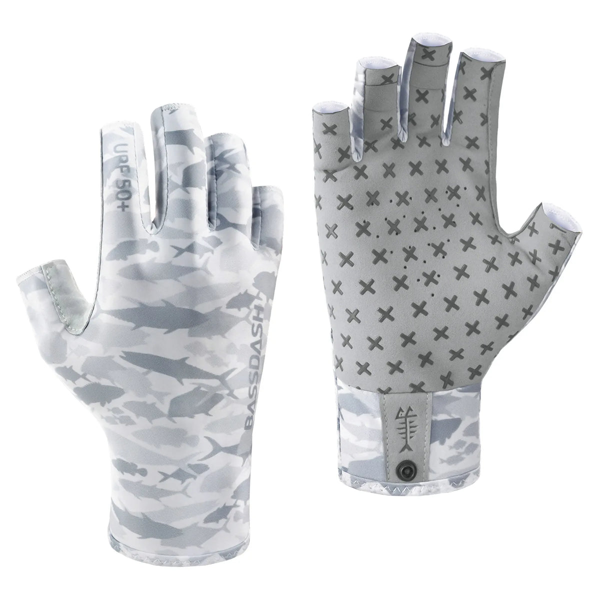 A pair of light gray fingerless sun gloves with a camouflage pattern and a clear protective layer.