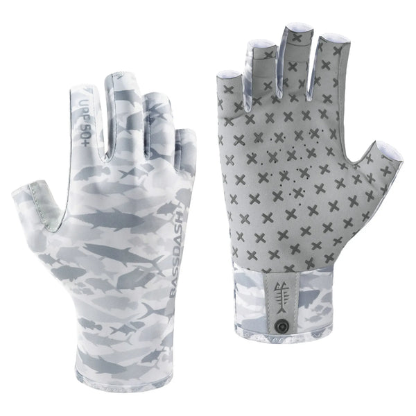 A pair of light gray fingerless sun gloves with a camouflage pattern and a clear protective layer.